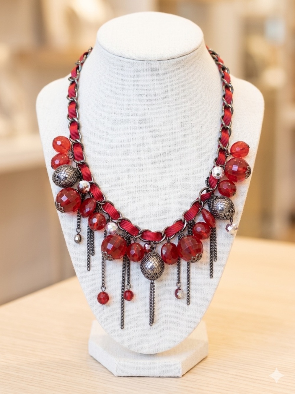 🌸 Red Beaded Fringe Statement Necklace 🌸